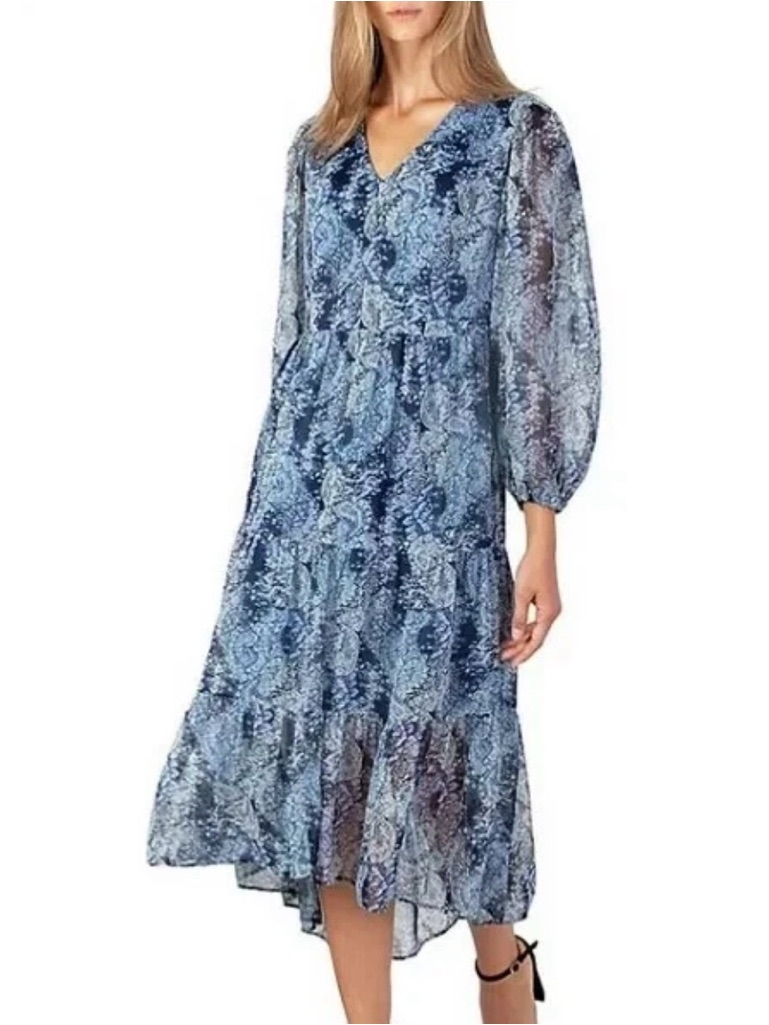 Joie Parisian Paisley Blue Floral Chiffon Long Sleeve Maxi Dress | Xxl
